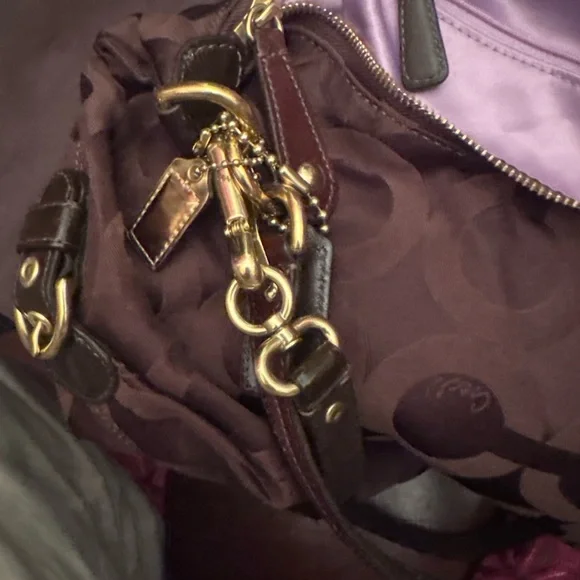 Coach Brown Signature Logo Nylon Shoulder Bag with Gold Hardware - Picture 4 of 7